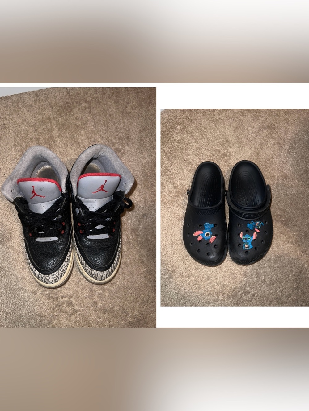 CROCS & Jordan’s both sz7  Black Clogs with Blue and Pink Stitch Charms